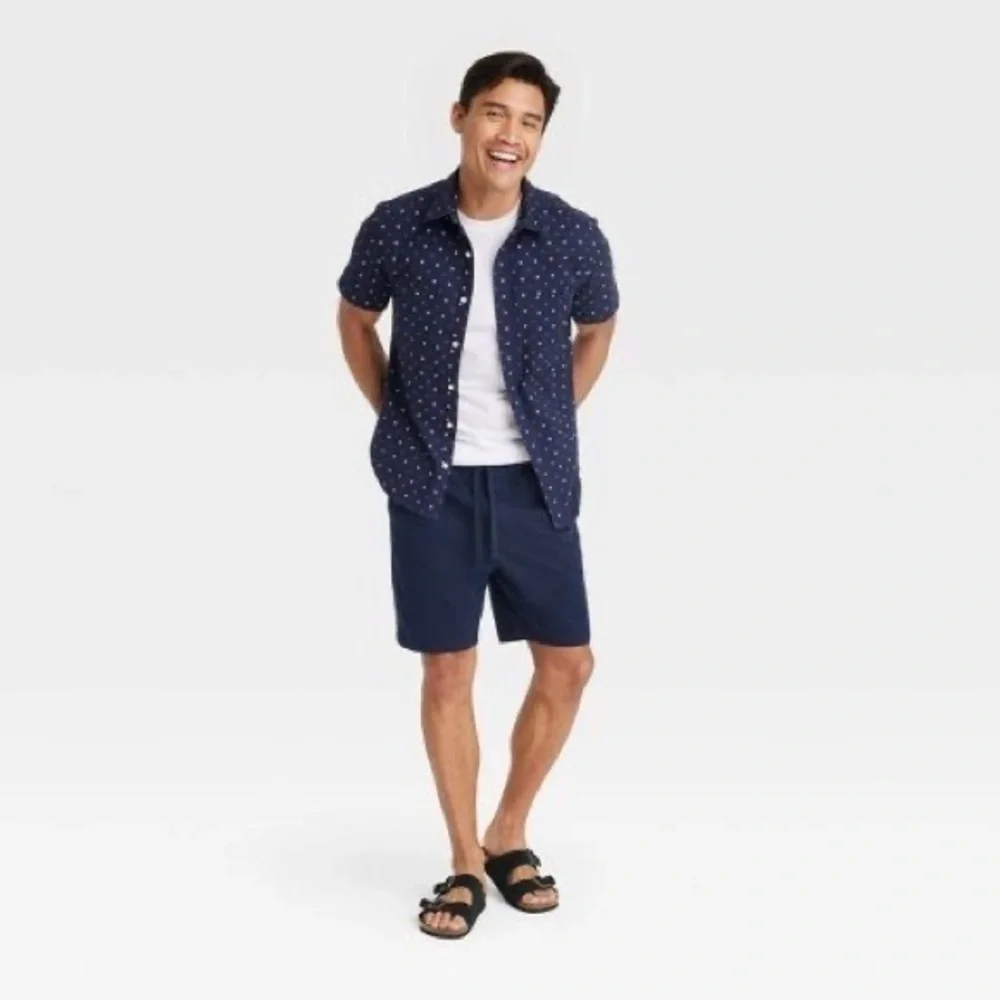 Star Print Short Sleeve Button-Down Shirt Goodfellow & Co Heathered Navy Blue